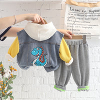 Load image into Gallery viewer, 3 Pieces Set Baby Kid Boys Dinosaur Hoodies Swearshirts Letters Vests Waistcoats And Solid Color Pants Wholesale 220906271
