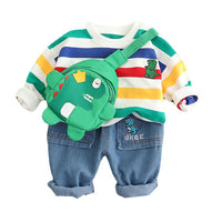Load image into Gallery viewer, 3 Pieces Set Baby Kid Boys Striped Dinosaur Embroidered Tops And Pants And Bag Wholesale 220906290
