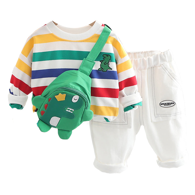 3 Pieces Set Baby Kid Boys Striped Dinosaur Embroidered Tops And Pants And Bag Wholesale 220906290
