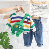Load image into Gallery viewer, 3 Pieces Set Baby Kid Boys Striped Dinosaur Embroidered Tops And Pants And Bag Wholesale 220906290
