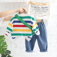 Load image into Gallery viewer, 3 Pieces Set Baby Kid Boys Striped Dinosaur Embroidered Tops And Pants And Bag Wholesale 220906290

