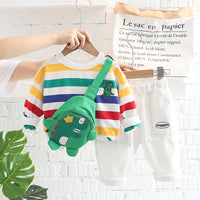 Load image into Gallery viewer, 3 Pieces Set Baby Kid Boys Striped Dinosaur Embroidered Tops And Pants And Bag Wholesale 220906290
