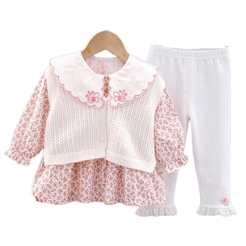 3 Pieces Set Baby Kid Girls Flower Print Tops Crochet Embroidered Vests Waistcoats And Lace Pants Wholesale 220906405