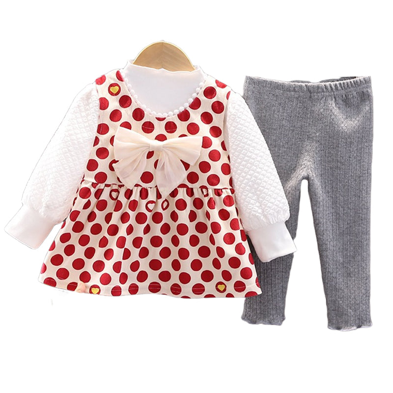 3 Pieces Set Baby Kid Girls Solid Color Tops And Print Polka dots Bow Dresses And Pants Wholesale 220906407