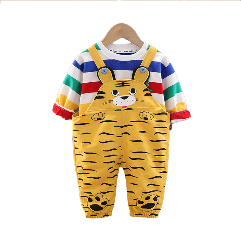 2 Pieces Set Baby Kid Boys Striped Color-blocking Print Tops And Cartoon Jumpsuits Wholesale 220906619