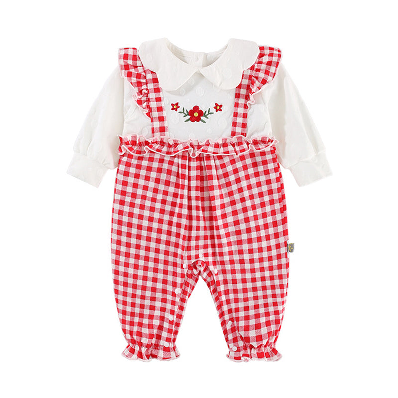 Baby Girls Flower Checked Embroidered Jumpsuits Wholesale 220909298