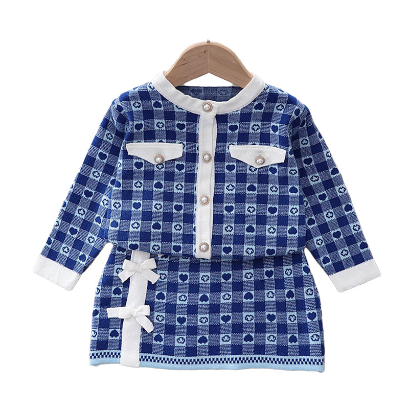 2 Pieces Set Baby Kid Girls Love heart Checked Cardigan And Bow Skirts Wholesale 220909302