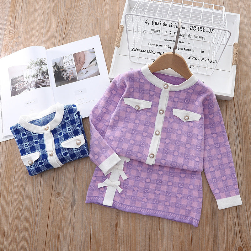 2 Pieces Set Baby Kid Girls Love heart Checked Cardigan And Bow Skirts Wholesale 220909302