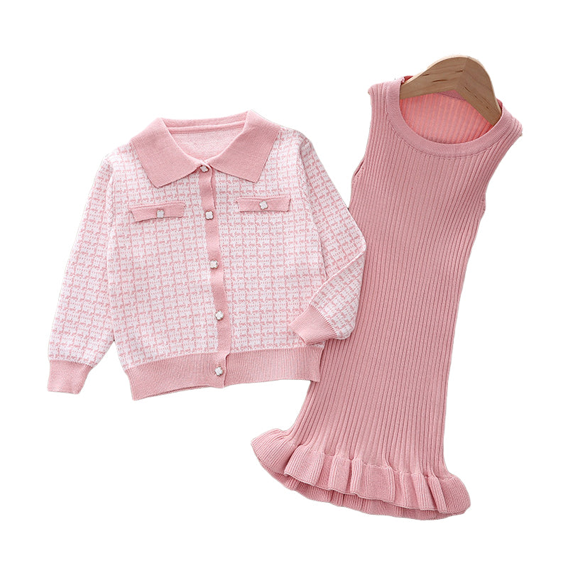 2 Pieces Set Baby Kid Girls Houndstooth Cardigan And Solid Color Dresses Wholesale 220909303