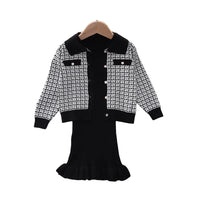 Load image into Gallery viewer, 2 Pieces Set Baby Kid Girls Houndstooth Cardigan And Solid Color Dresses Wholesale 220909303
