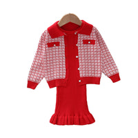 Load image into Gallery viewer, 2 Pieces Set Baby Kid Girls Houndstooth Cardigan And Solid Color Dresses Wholesale 220909303
