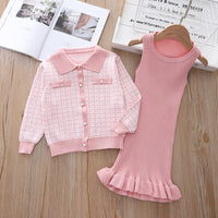 Load image into Gallery viewer, 2 Pieces Set Baby Kid Girls Houndstooth Cardigan And Solid Color Dresses Wholesale 220909303
