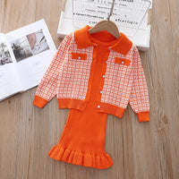 Load image into Gallery viewer, 2 Pieces Set Baby Kid Girls Houndstooth Cardigan And Solid Color Dresses Wholesale 220909303
