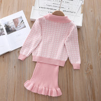 Load image into Gallery viewer, 2 Pieces Set Baby Kid Girls Houndstooth Cardigan And Solid Color Dresses Wholesale 220909303
