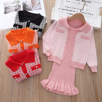 Load image into Gallery viewer, 2 Pieces Set Baby Kid Girls Houndstooth Cardigan And Solid Color Dresses Wholesale 220909303
