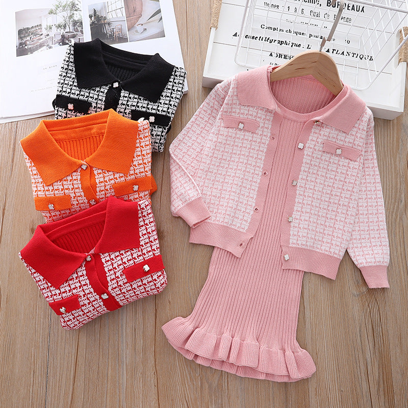 2 Pieces Set Baby Kid Girls Houndstooth Cardigan And Solid Color Dresses Wholesale 220909303