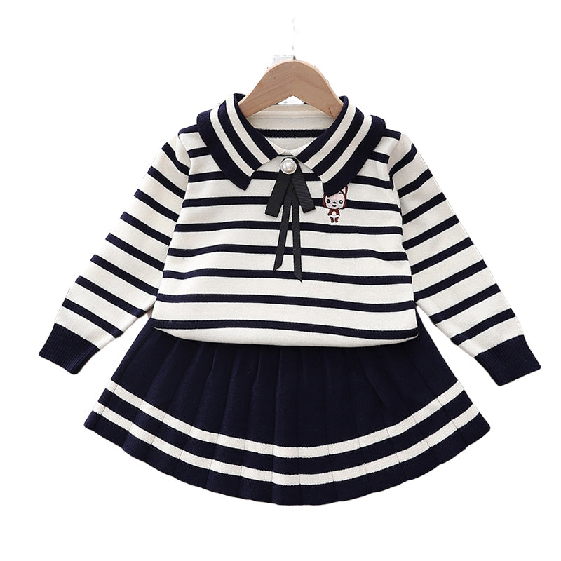 2 Pieces Set Baby Kid Girls Striped Bow Crochet Sweaters And Color-blocking Skirts Wholesale 220909342