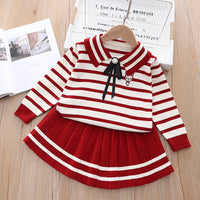 Load image into Gallery viewer, 2 Pieces Set Baby Kid Girls Striped Bow Crochet Sweaters And Color-blocking Skirts Wholesale 220909342
