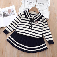 Load image into Gallery viewer, 2 Pieces Set Baby Kid Girls Striped Bow Crochet Sweaters And Color-blocking Skirts Wholesale 220909342
