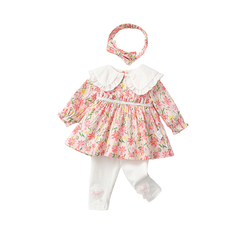 2 Pieces Set Baby Girls Flower Print Dresses Love heart Bow And Embroidered Pants Wholesale 220909345