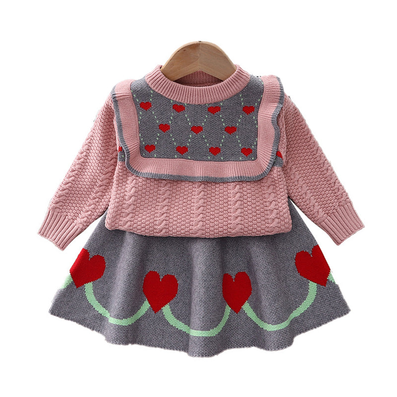 2 Pieces Set Baby Kid Girls Color-blocking Love heart Print Sweaters And Skirts Wholesale 220909352