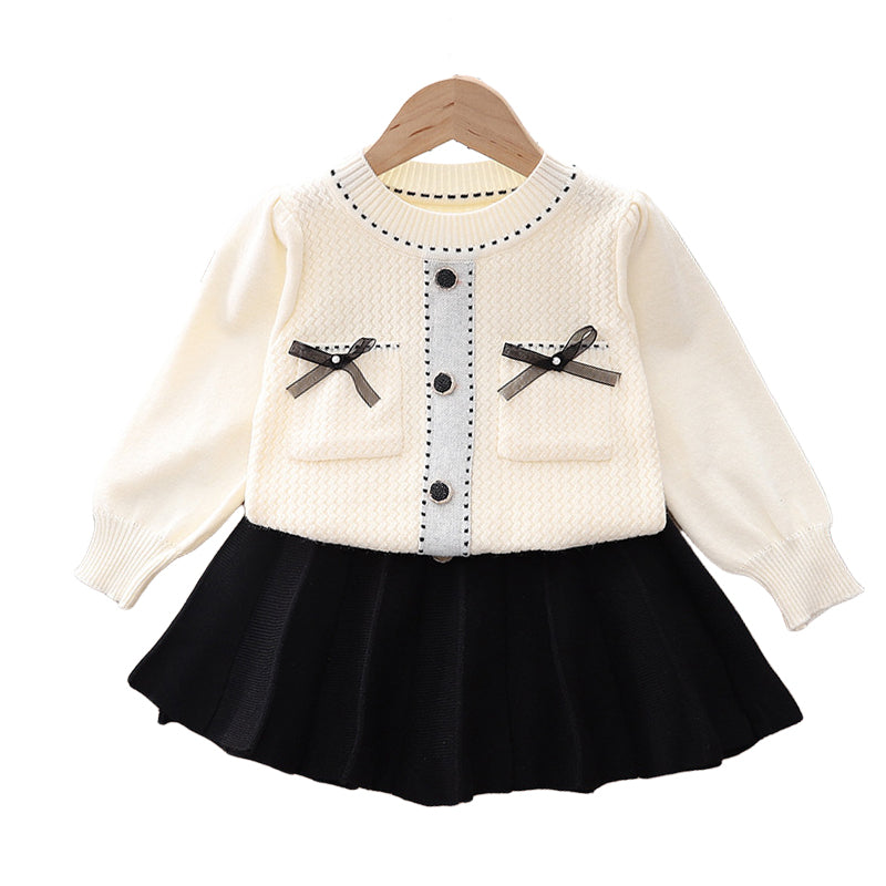 2 Pieces Set Baby Kid Girls Color-blocking Bow Sweaters And Solid Color Skirts Wholesale 220909353