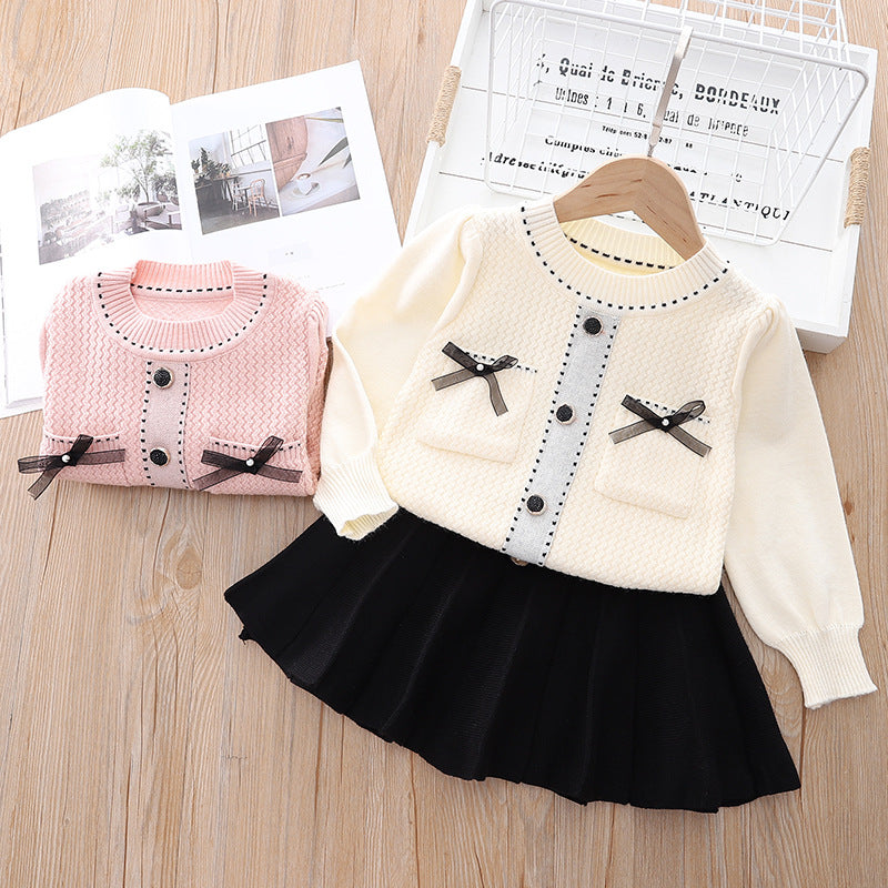 2 Pieces Set Baby Kid Girls Color-blocking Bow Sweaters And Solid Color Skirts Wholesale 220909353