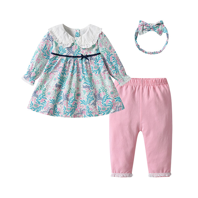 3 Pieces Set Baby Kid Girls Bow Headwear Flower Dresses And Solid Color Pants Wholesale 220909398