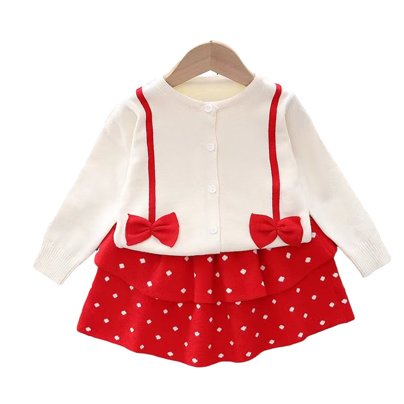 2 Pieces Set Baby Girls Color-blocking Bow Crochet Cardigan And Polka dots Skirts Wholesale 220909436