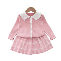 Load image into Gallery viewer, 2 Pieces Set Baby Kid Girls Color-blocking Crochet Cardigan And Checked Skirts Wholesale 220909439
