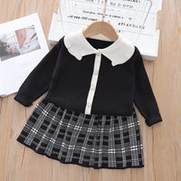 Load image into Gallery viewer, 2 Pieces Set Baby Kid Girls Color-blocking Crochet Cardigan And Checked Skirts Wholesale 220909439
