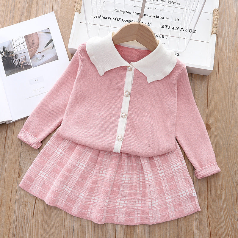 2 Pieces Set Baby Kid Girls Color-blocking Crochet Cardigan And Checked Skirts Wholesale 220909439