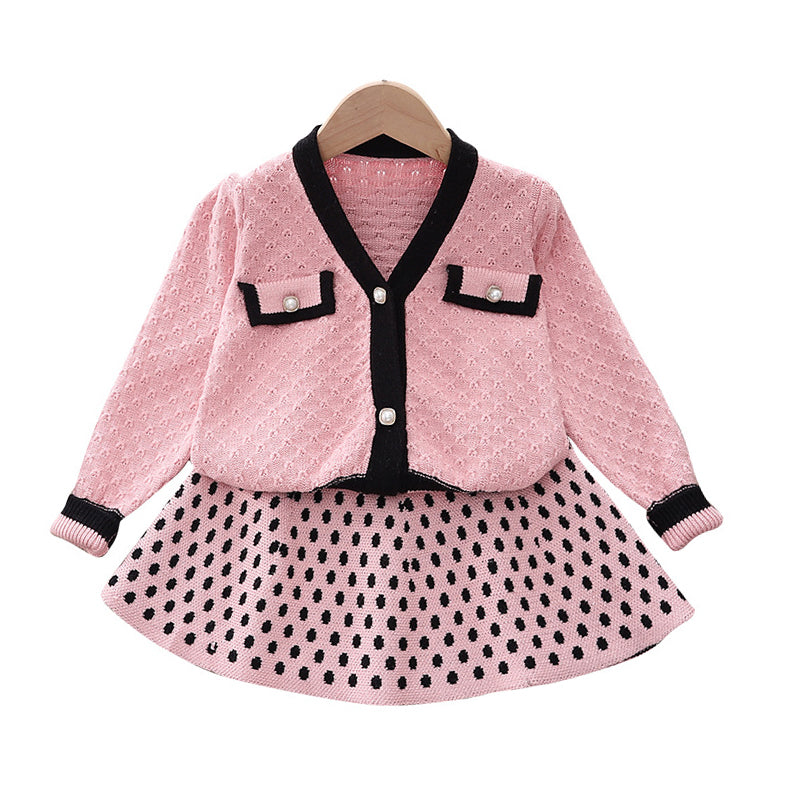 2 Pieces Set Baby Kid Girls Color-blocking Cardigan And Polka dots Skirts Wholesale 220909449