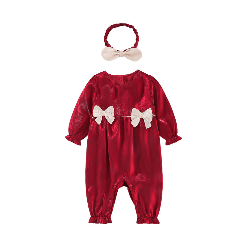 2 Pieces Set Baby Girls Solid Color Jumpsuits And Bow Headwear Wholesale 220909457