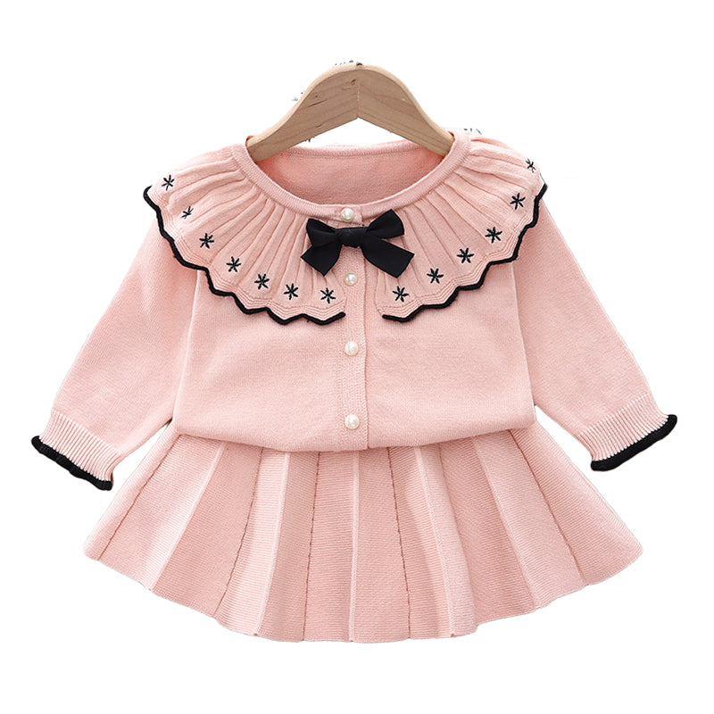 2 Pieces Set Baby Kid Girls Bow Crochet Cardigan And Solid Color Skirts Wholesale 220909470