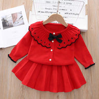 Load image into Gallery viewer, 2 Pieces Set Baby Kid Girls Bow Crochet Cardigan And Solid Color Skirts Wholesale 220909470
