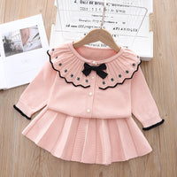 Load image into Gallery viewer, 2 Pieces Set Baby Kid Girls Bow Crochet Cardigan And Solid Color Skirts Wholesale 220909470

