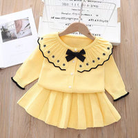 Load image into Gallery viewer, 2 Pieces Set Baby Kid Girls Bow Crochet Cardigan And Solid Color Skirts Wholesale 220909470
