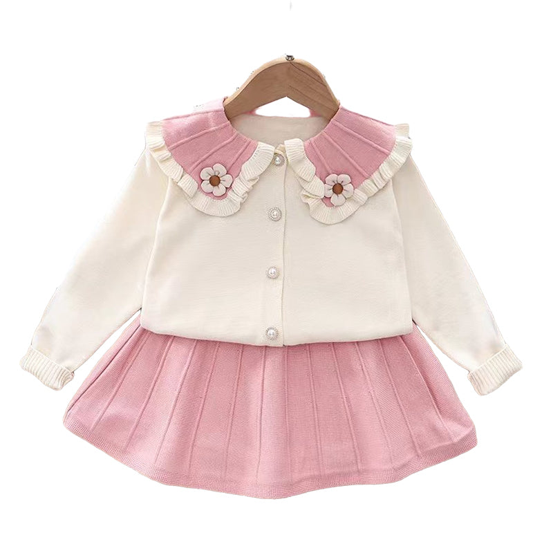 2 Pieces Set Baby Kid Girls Color-blocking Flower Cardigan And Solid Color Skirts Wholesale 220909476