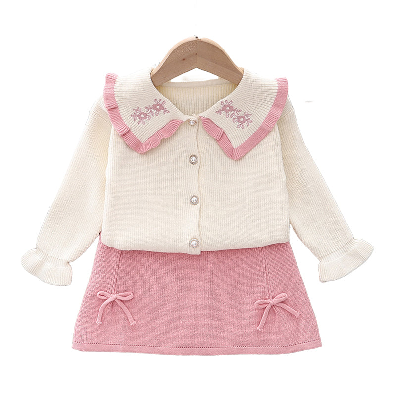 2 Pieces Set Baby Kid Girls Flower Embroidered Cardigan And Bow Skirts Wholesale 220909485