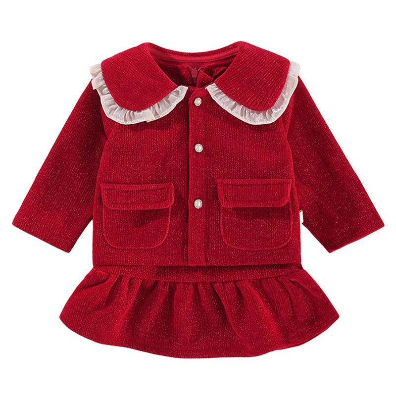 2 Pieces Set Baby Girls Solid Color Jackets Outwears And Bow Dresses Wholesale 220909602