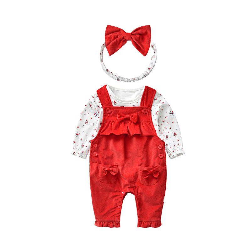 3 Pieces Set Baby Girls Flower Print Tops And Solid Color Bow Jumpsuits And Headwear Wholesale 22090986