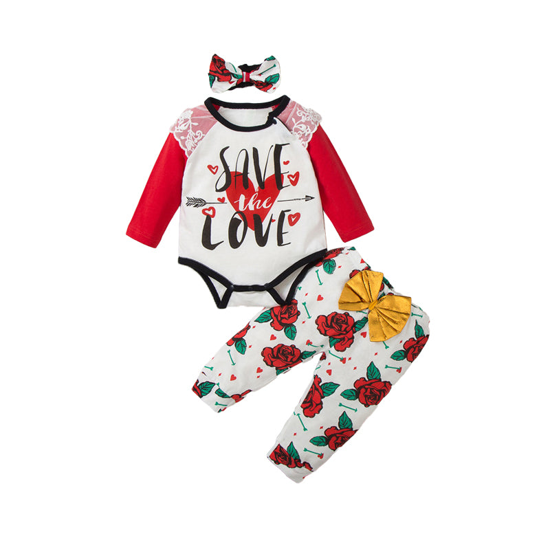 3 Pieces Set Baby Girls Valentine's Day Letters Flower Bow Print Headwear Color-blocking Love heart Rompers And Pants Wholesale 220914101