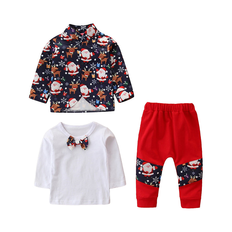 3 Pieces Set Baby Boys Christmas Bow Print Tops Cartoon Shirts And Color-blocking Pants Wholesale 220914115