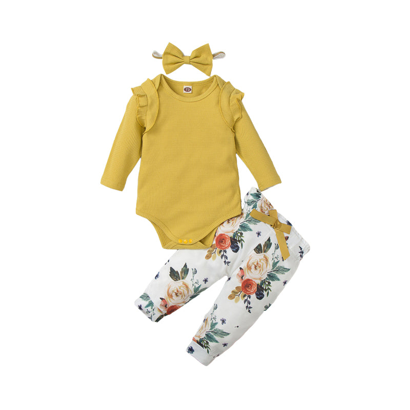 3 Pieces Set Baby Girls Solid Color Print Rompers And Flower Pants And Bow Headwear Wholesale 220914183