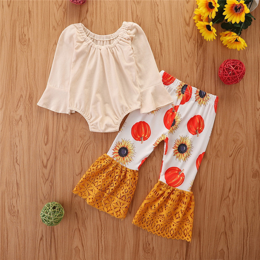 2 Pieces Set Baby Girls Halloween Solid Color Print Rompers And Lace Pants Wholesale 220914197