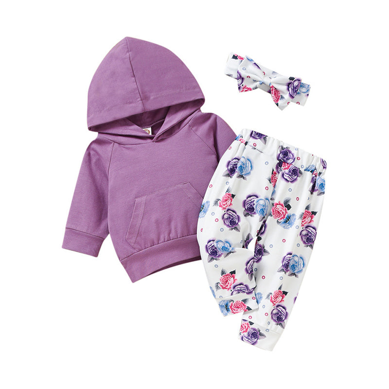 3 Pieces Set Baby Girls Flower Print Headwear Solid Color Hoodies Swearshirts And Pants Wholesale 220914354