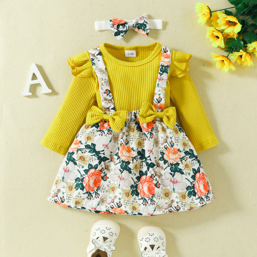 2 Pieces Set Baby Girls Solid Color Print Rompers Flower And Bow Dresses Wholesale 220914598