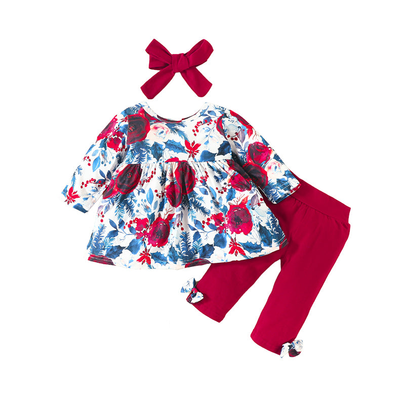 3 Pieces Set Baby Girls Bow Headwear Flower Tops And Solid Color Pants Wholesale 220914608