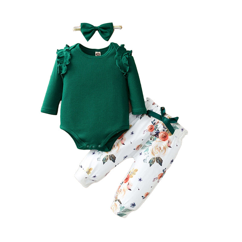 3 Pieces Set Baby Girls Solid Color Flower Bow Print Pants Rompers Headwear And Wholesale 22091492